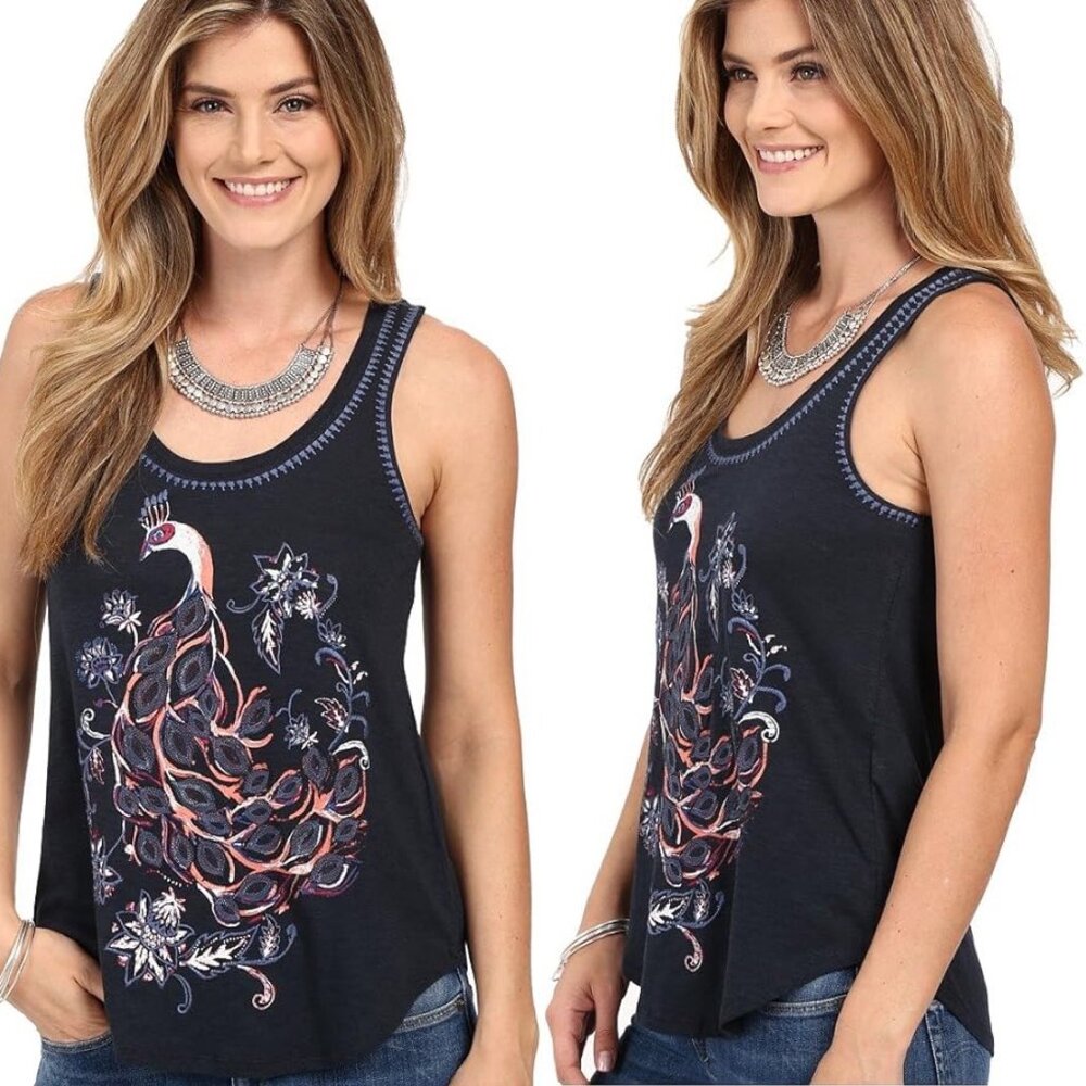 LUCKY BRAND Peacock Embroidered Tank Top Blue Multi Women's Large - Picture 2 of 10